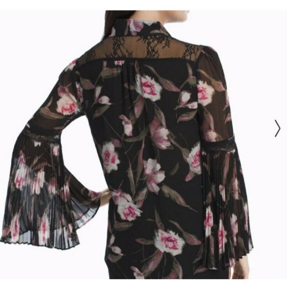 White House Black Market Floral Pleated Bell Sleeve Blouse Fairy Fairycore S 4
